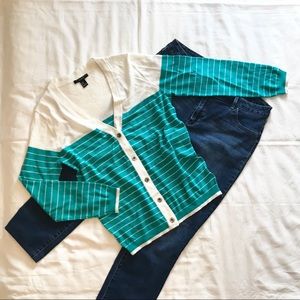 Forever 21 Striped V-Neck Cardigan Mint Green M